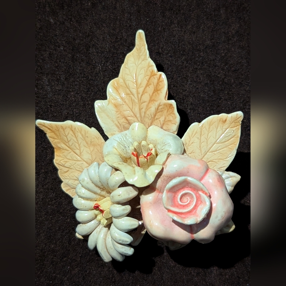 Floral Ceramic Brooch with Pink and Cream Flowers